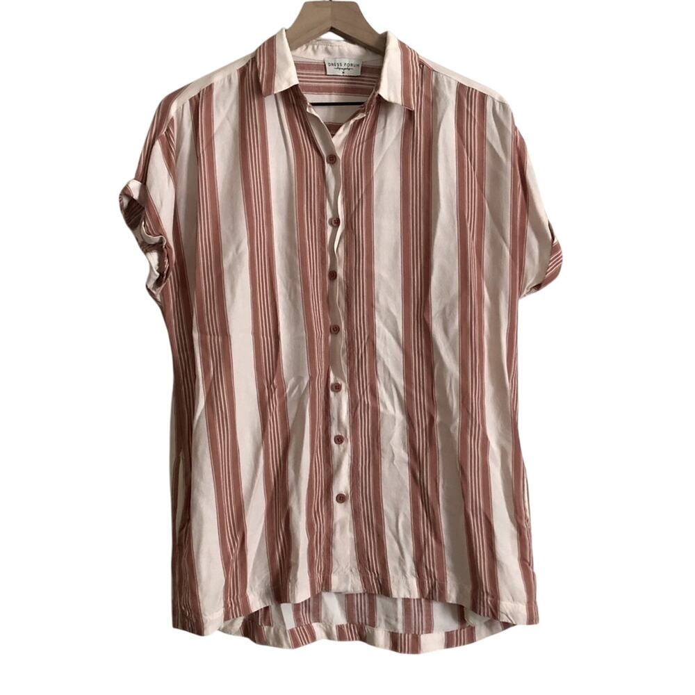 Dress Forum Red Ivory Stripe Short Sleeve Butto Lightweight Blouse Top Medium